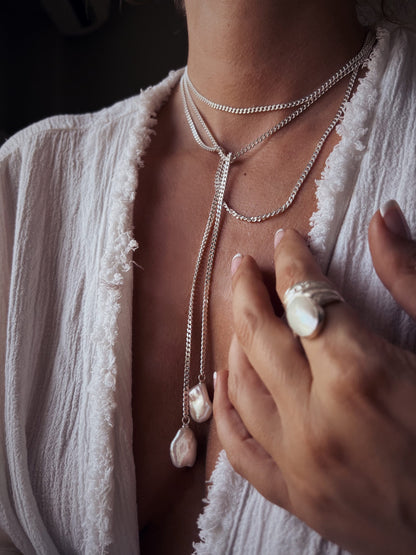 Long silver lariat necklace with baroque pearls - KathyRossJewelry