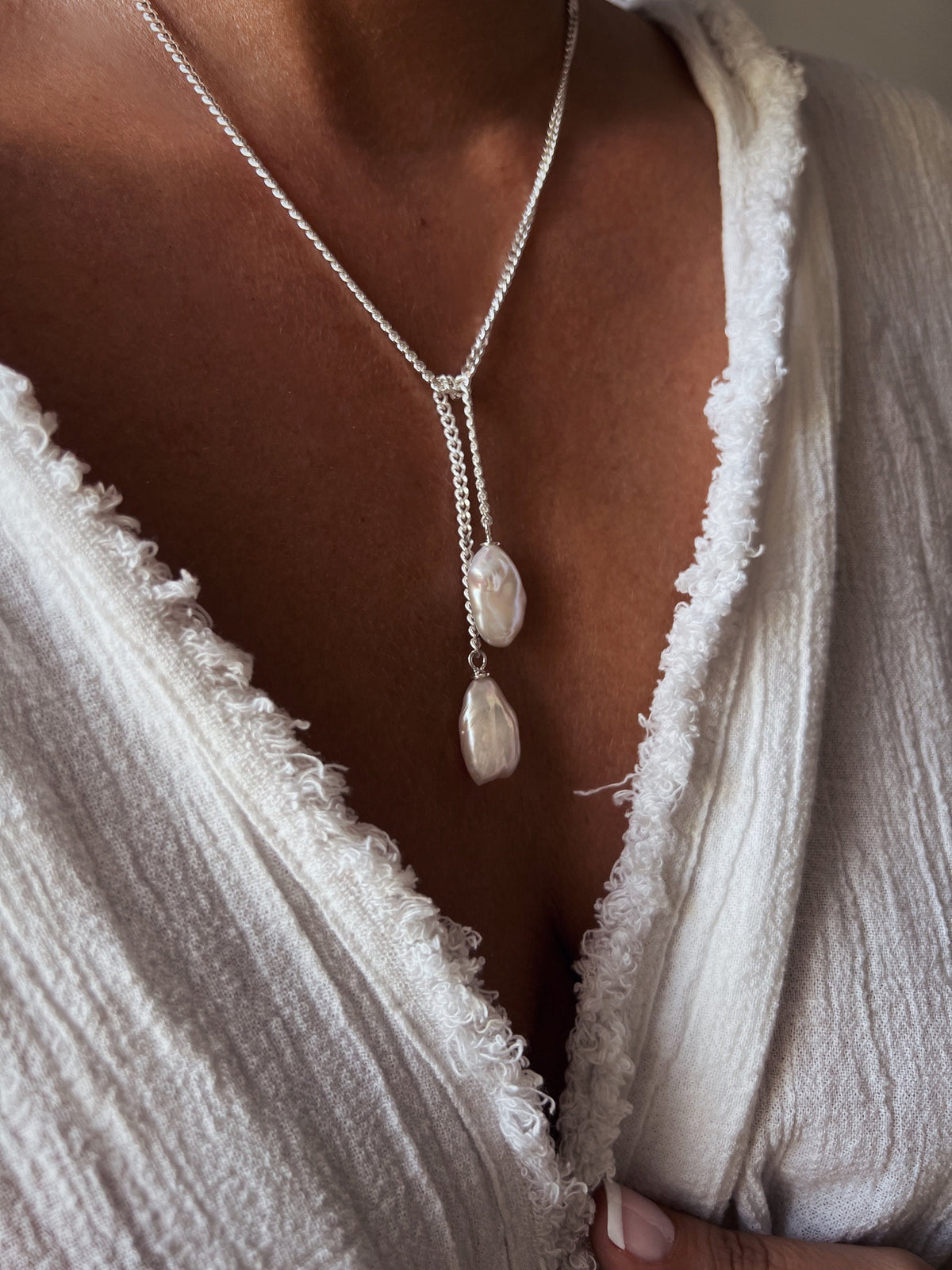 Long silver lariat necklace with baroque pearls - KathyRossJewelry