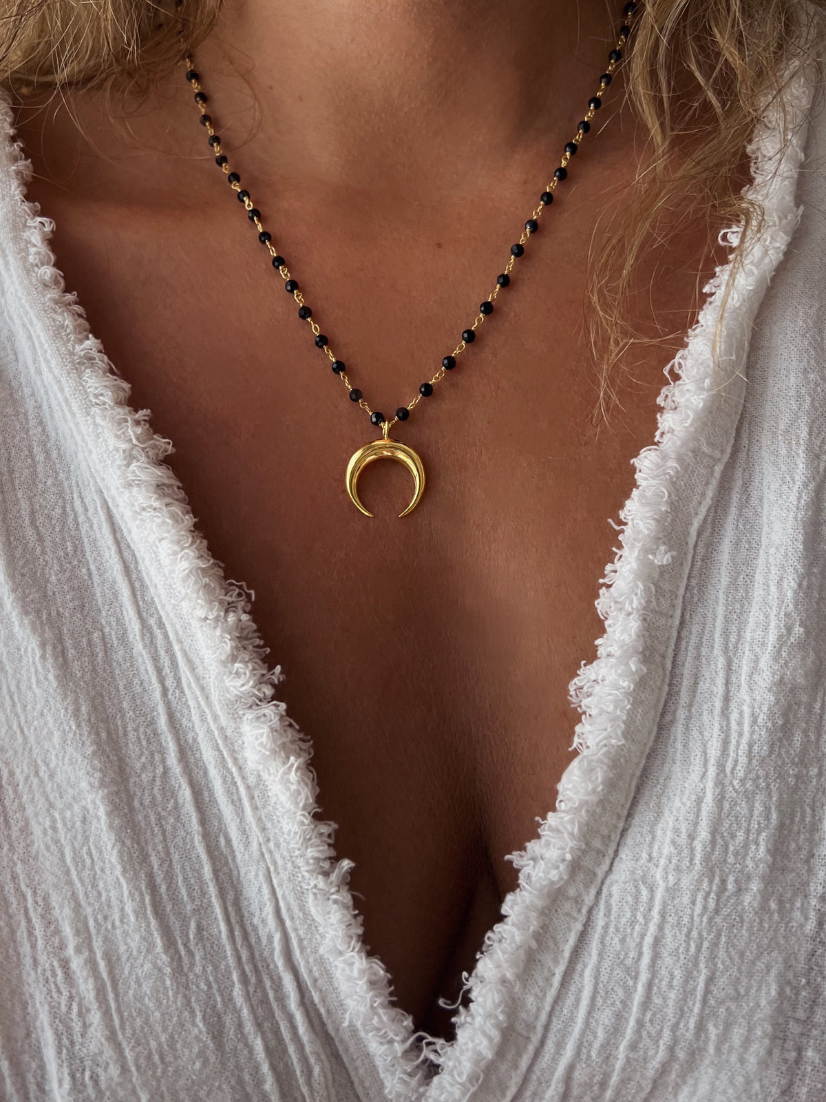 Silver Crescent Moon necklace, rosary chain moon pendant - KathyRossJewelry