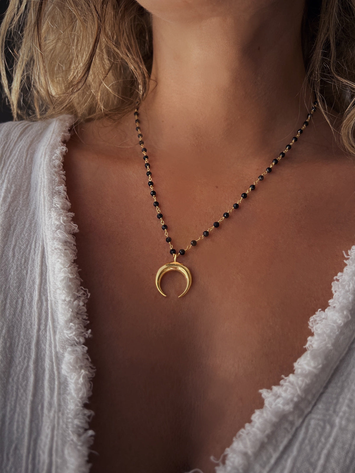 Silver Crescent Moon necklace, rosary chain moon pendant - KathyRossJewelry
