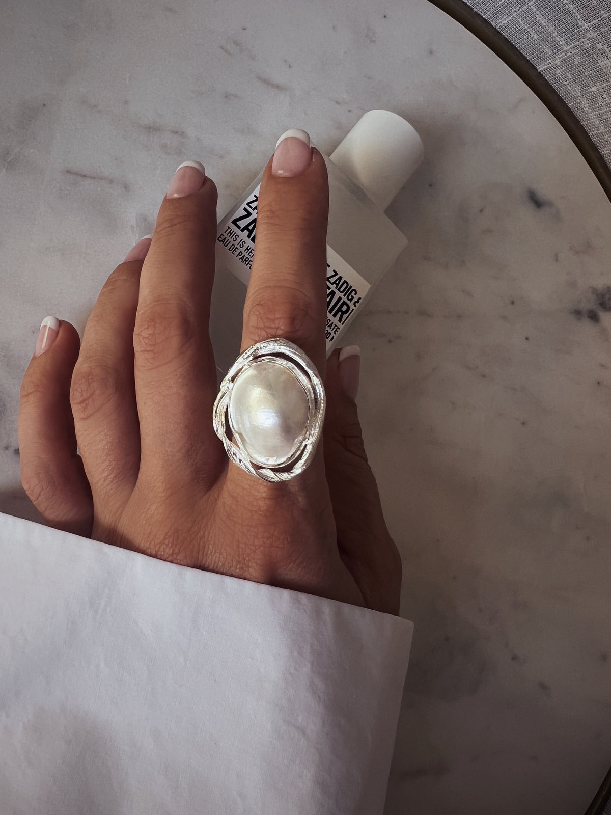 Pearl Sterling Silver Ring: Handmade Statement cocktail halo ring - KathyRossJewelry