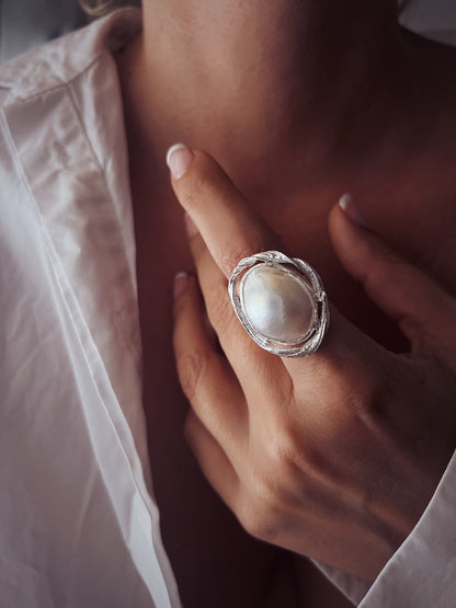 Pearl Sterling Silver Ring: Handmade Statement cocktail halo ring - KathyRossJewelry