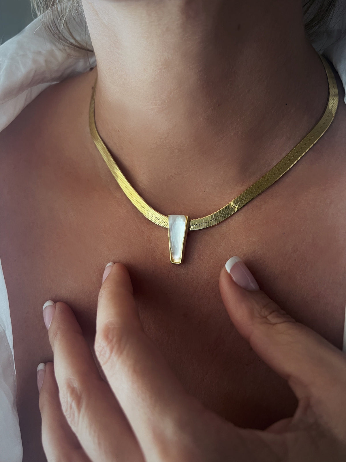 18k Gold Filled Sterling Silver Herringbone Necklace with Mother of Pearl Pendant - KathyRossJewelry