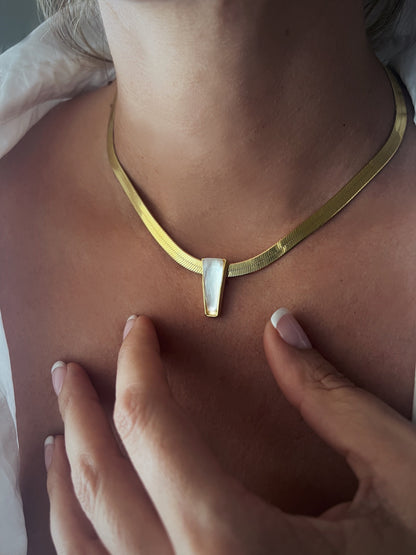 18k Gold Filled Sterling Silver Herringbone Necklace with Mother of Pearl Pendant - KathyRossJewelry