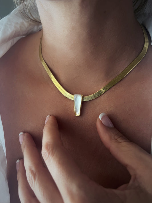 18k Gold Filled Sterling Silver Herringbone Necklace with Mother of Pearl Pendant - KathyRossJewelry