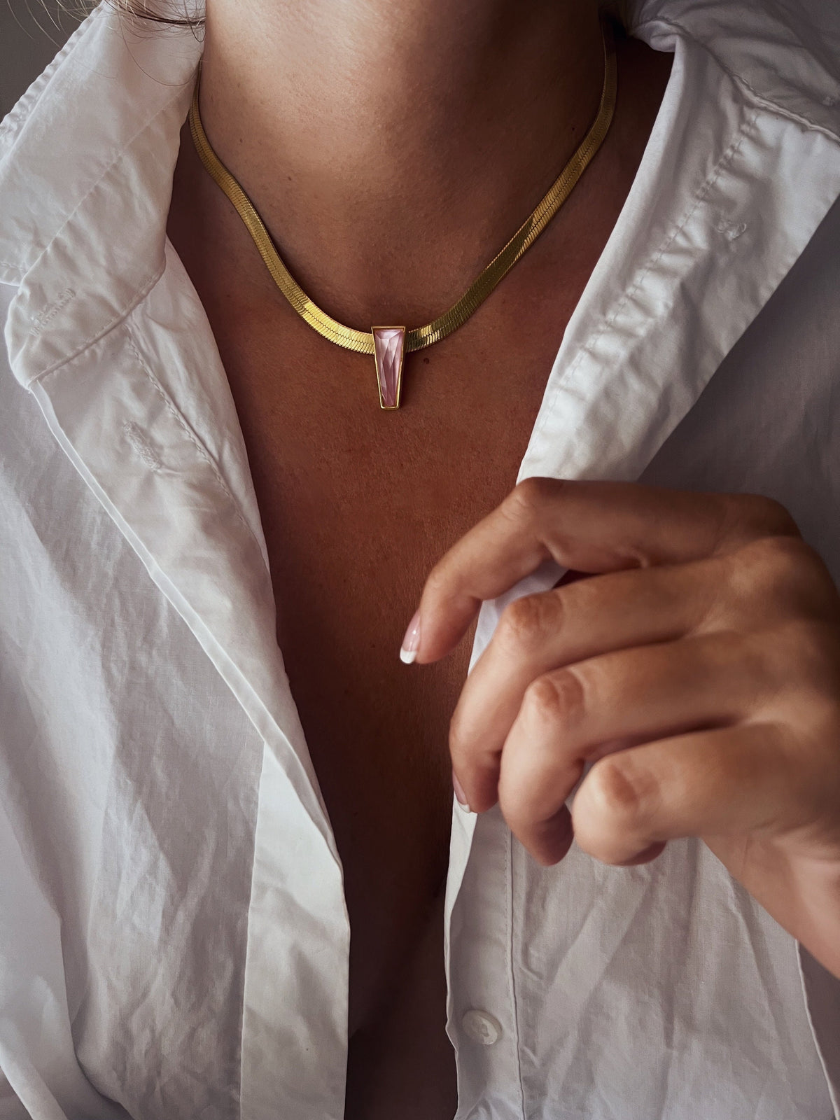 18k Gold Filled Sterling Silver Herringbone Necklace with Mother of Pearl Pendant - KathyRossJewelry
