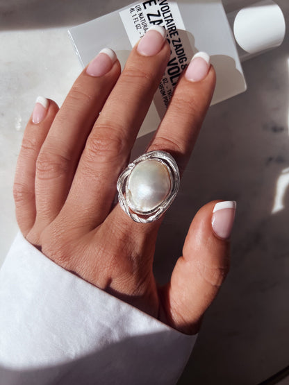 Pearl Sterling Silver Ring: Handmade Statement cocktail halo ring - KathyRossJewelry