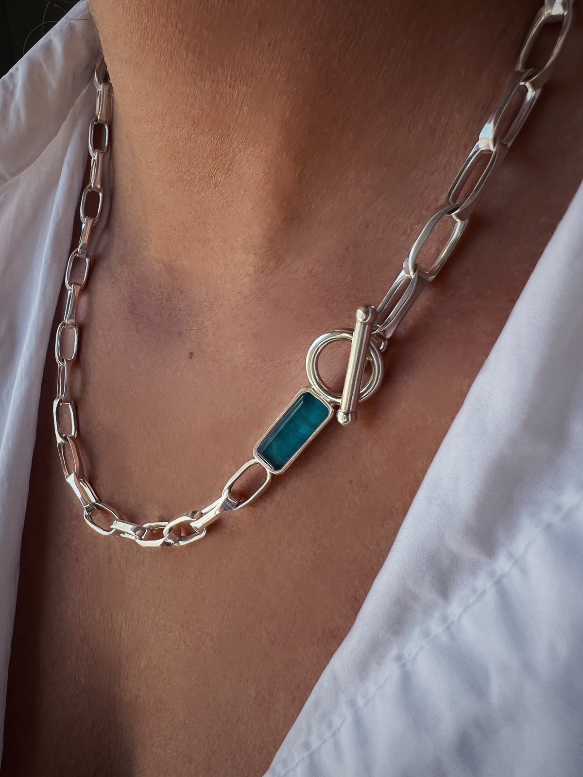Sterling Silver 925 Paperclip Chain Necklace: Apatite Quartz Crystal T-Bar Clasp - KathyRossJewelry