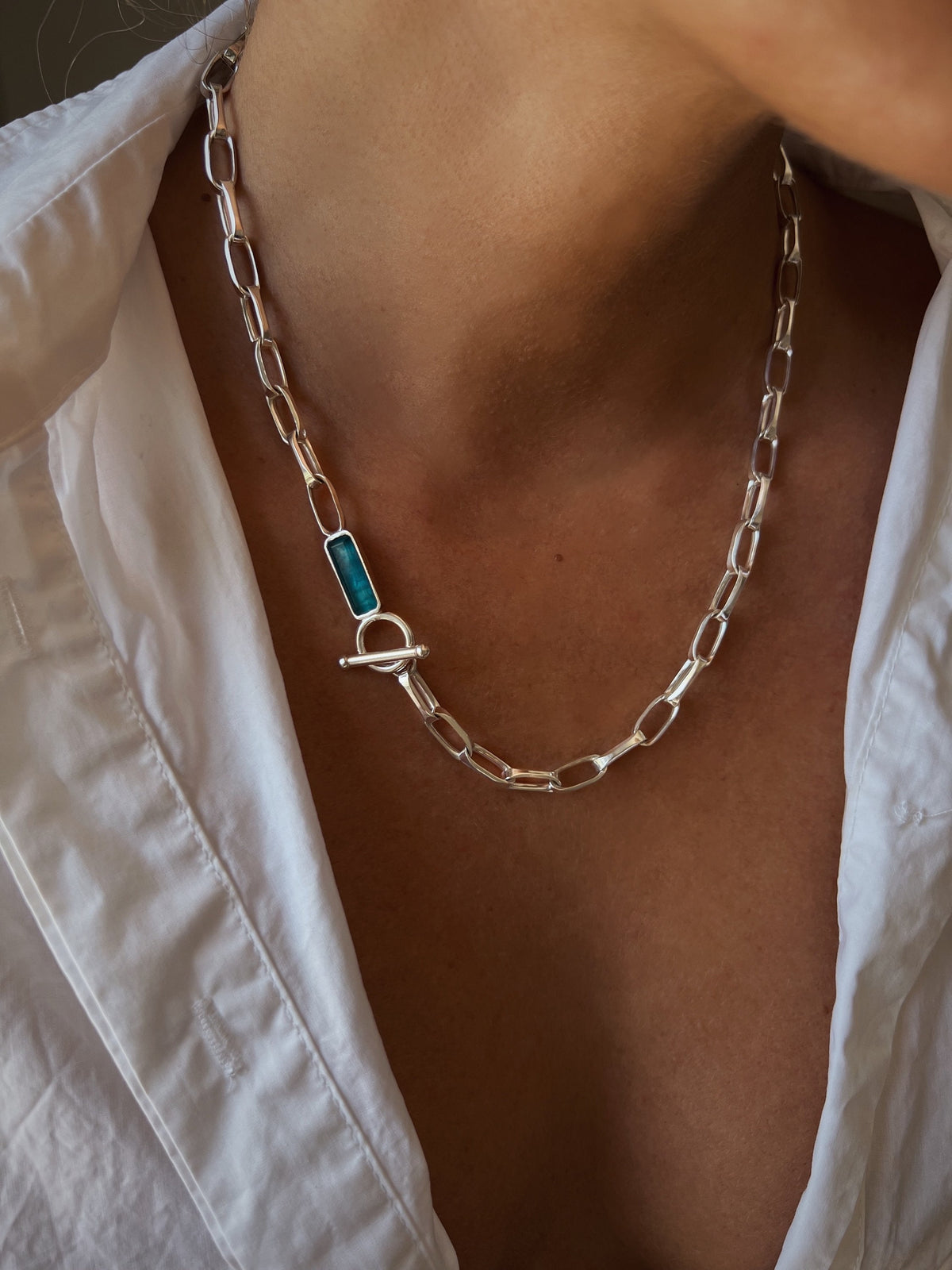 Sterling Silver 925 Paperclip Chain Necklace: Apatite Quartz Crystal T-Bar Clasp - KathyRossJewelry