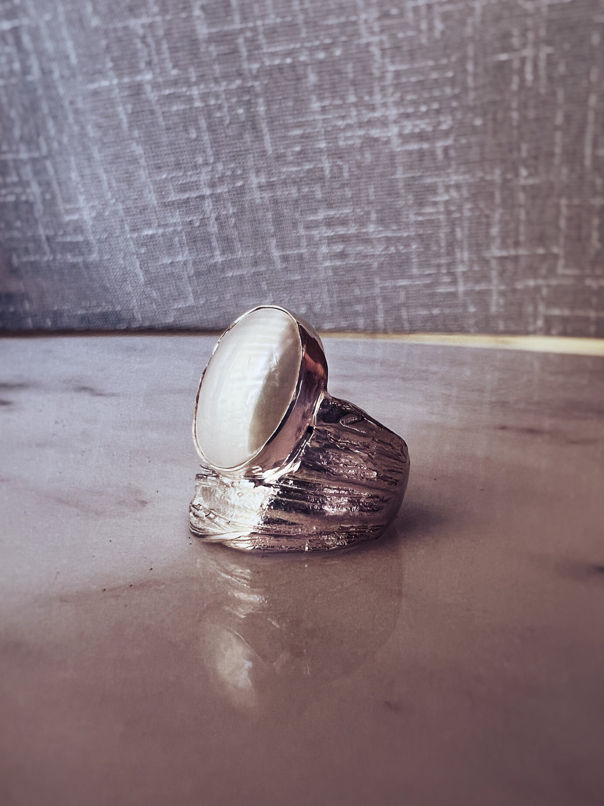 Silver band ring with oval white Mabe Pearl Ring - KathyRossJewelry