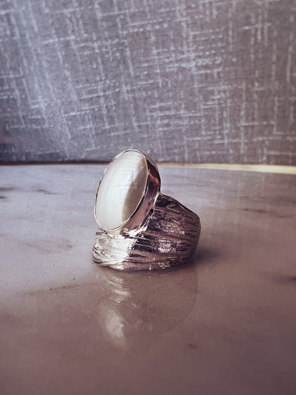 Silver band ring with oval white Mabe Pearl Ring - KathyRossJewelry