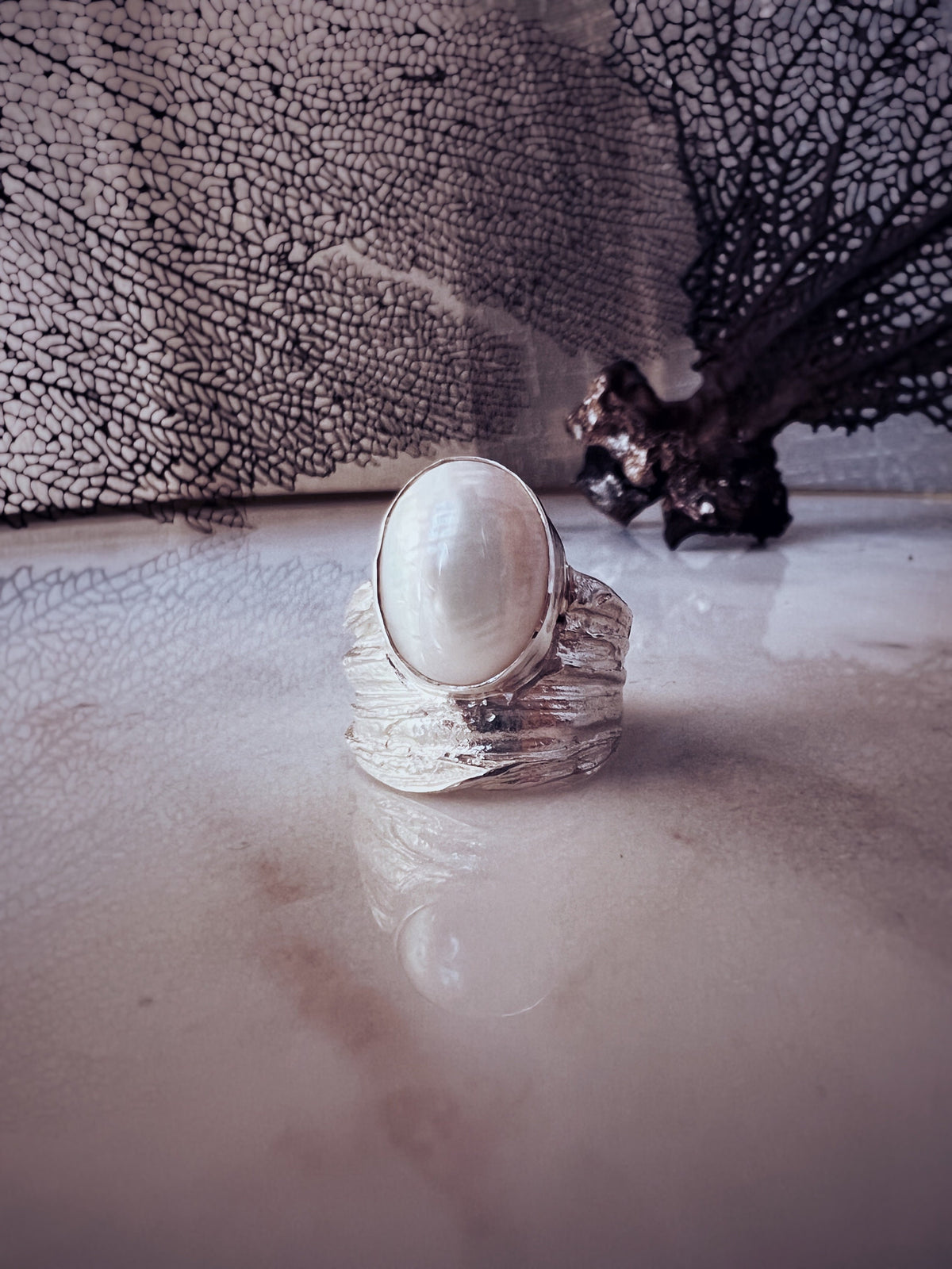 Silver band ring with oval white Mabe Pearl Ring - KathyRossJewelry