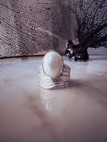 Silver band ring with oval white Mabe Pearl Ring - KathyRossJewelry