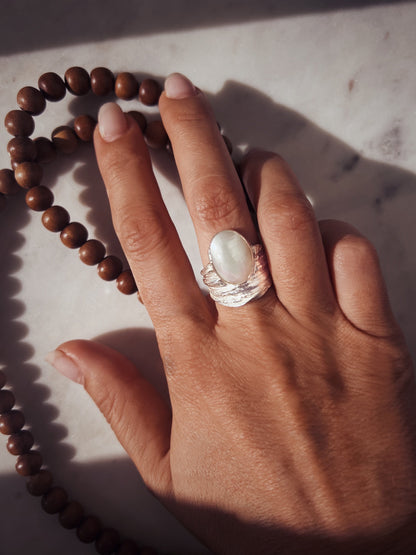 Silver band ring with oval white Mabe Pearl Ring - KathyRossJewelry