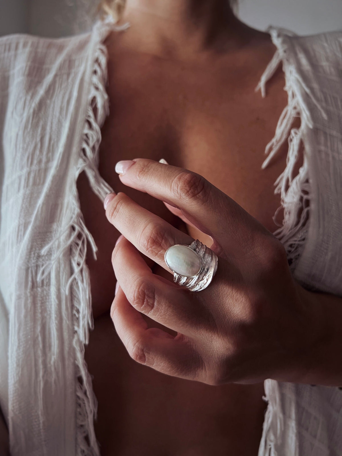 Silver band ring with oval white Mabe Pearl Ring - KathyRossJewelry