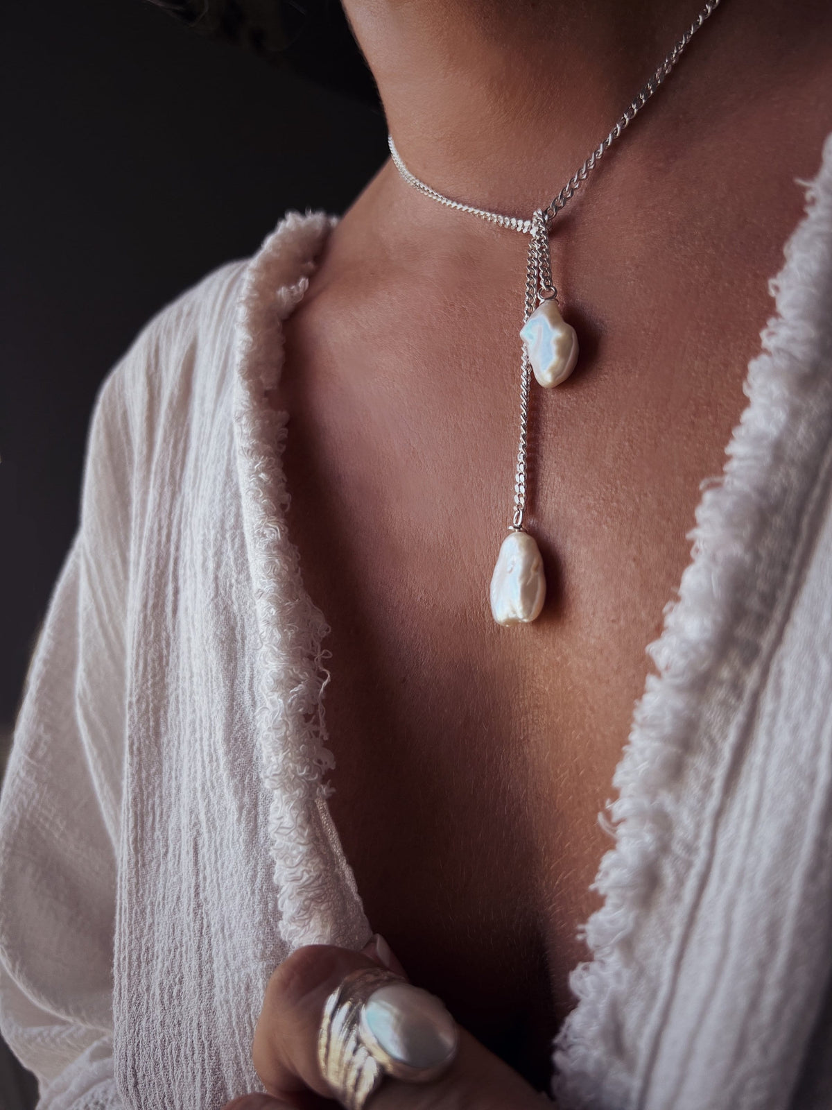 Long silver lariat necklace with baroque pearls - KathyRossJewelry