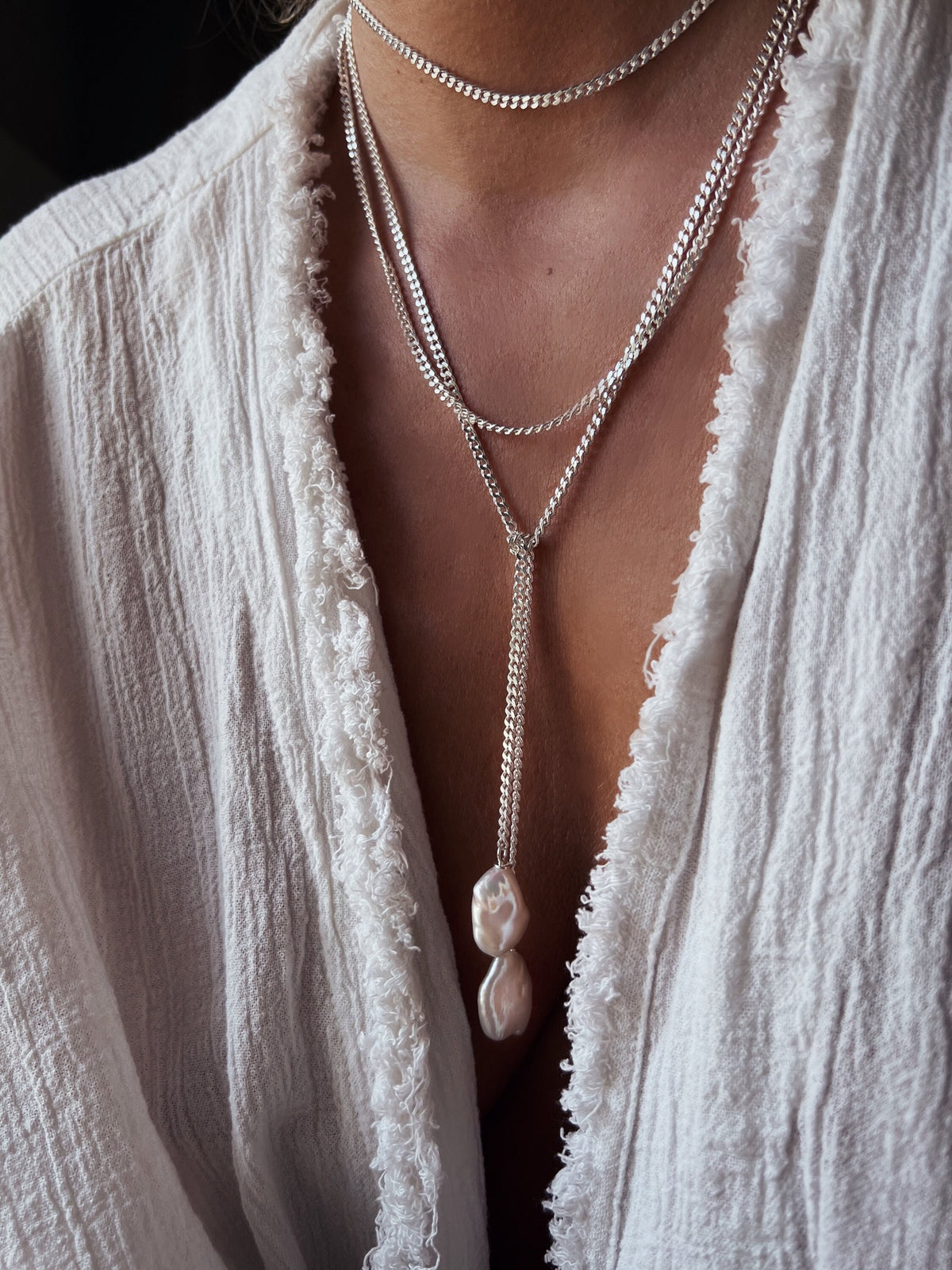 Long silver lariat necklace with baroque pearls - KathyRossJewelry