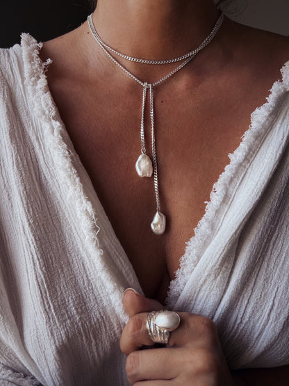 Long silver lariat necklace with baroque pearls - KathyRossJewelry