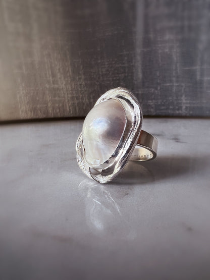 Pearl Sterling Silver Ring: Handmade Statement cocktail halo ring - KathyRossJewelry