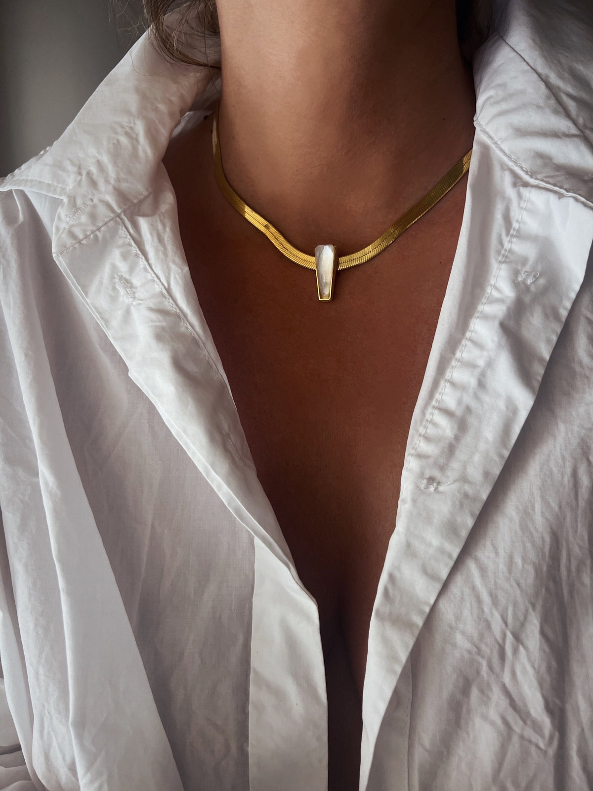 18k Gold Filled Sterling Silver Herringbone Necklace with Mother of Pearl Pendant - KathyRossJewelry