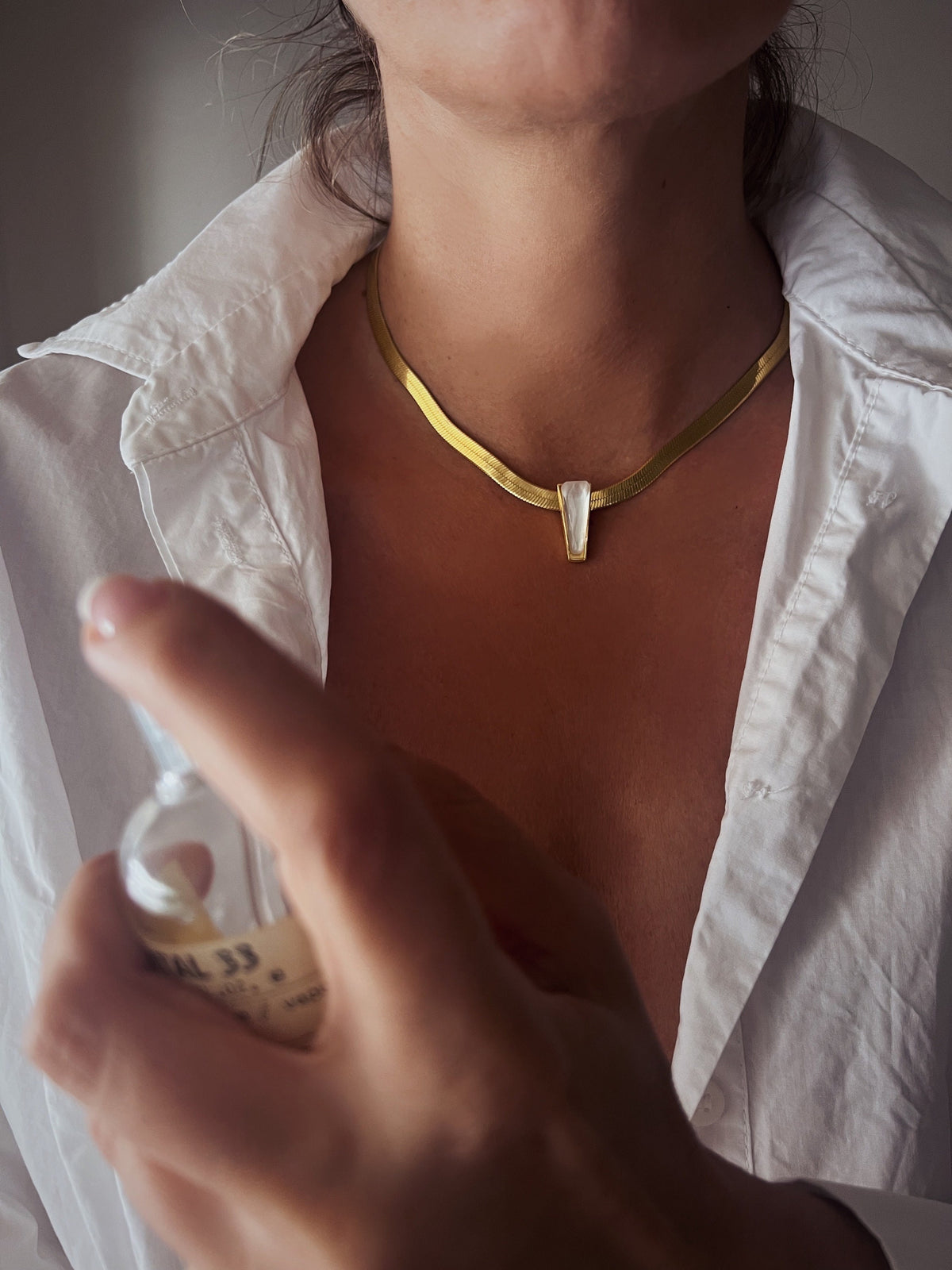 18k Gold Filled Sterling Silver Herringbone Necklace with Mother of Pearl Pendant - KathyRossJewelry