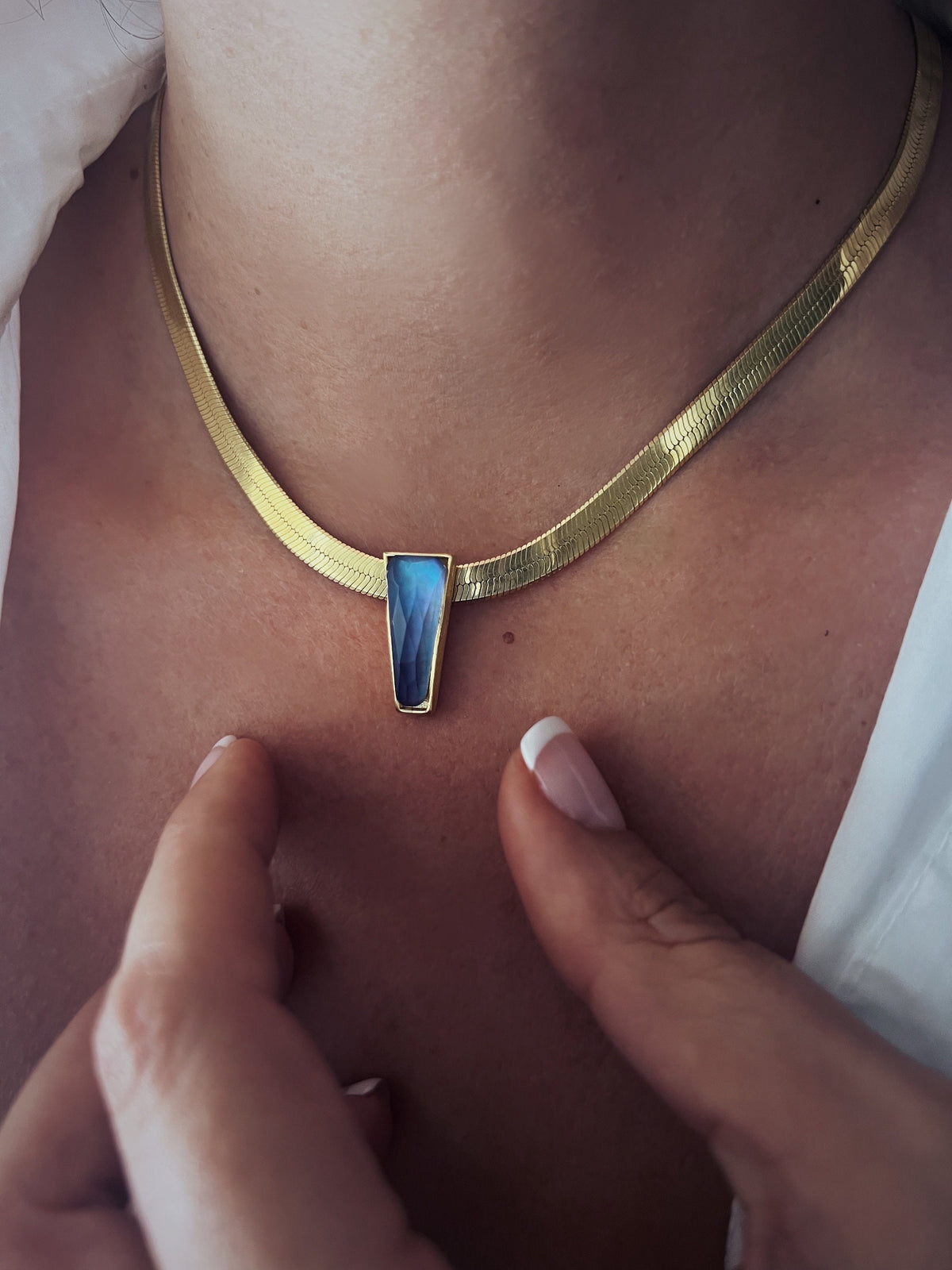 18k Gold Filled Sterling Silver Herringbone Necklace with Mother of Pearl Pendant - KathyRossJewelry