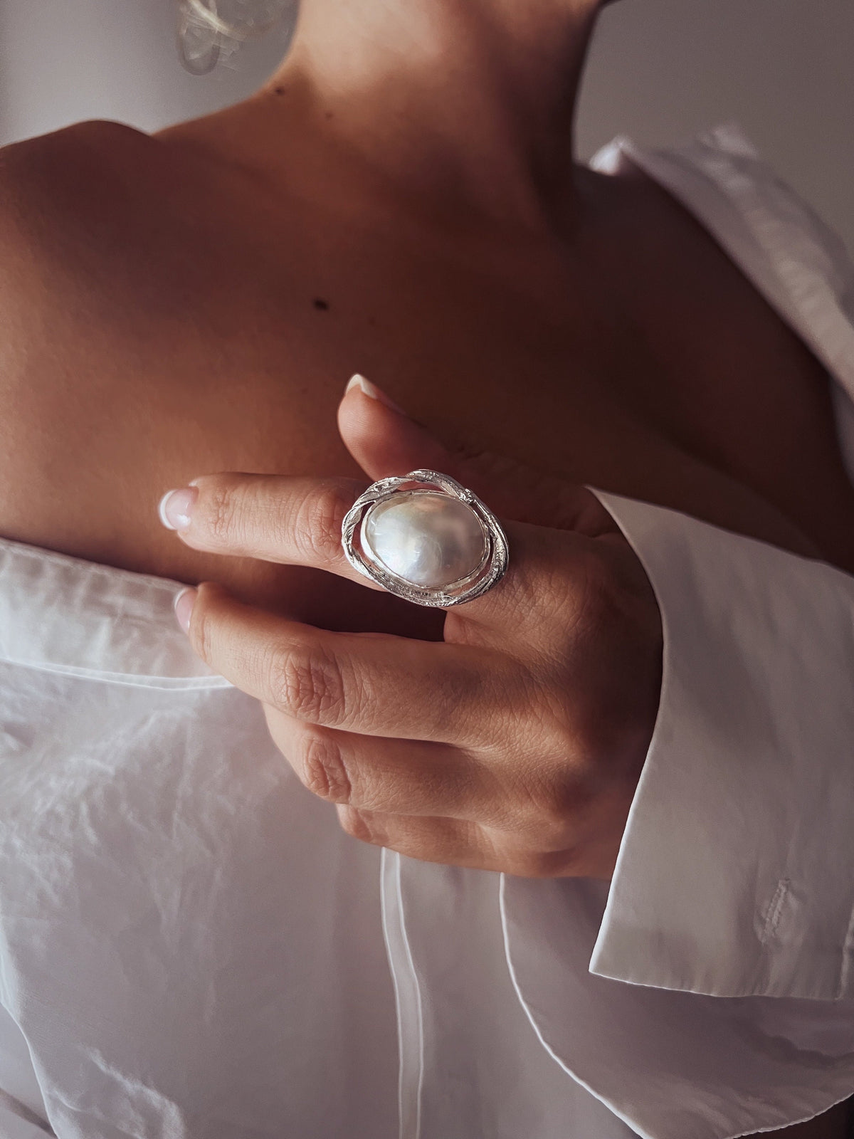 Pearl Sterling Silver Ring: Handmade Statement cocktail halo ring - KathyRossJewelry