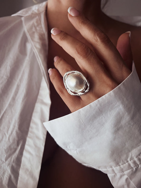 Pearl Sterling Silver Ring: Handmade Statement cocktail halo ring - KathyRossJewelry