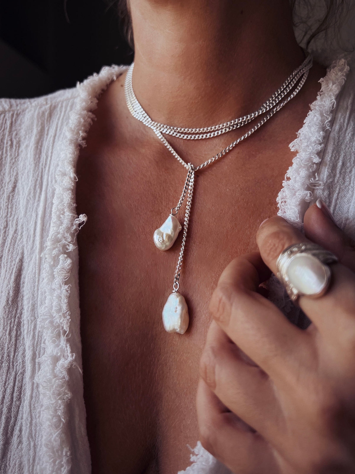 Long silver lariat necklace with baroque pearls - KathyRossJewelry