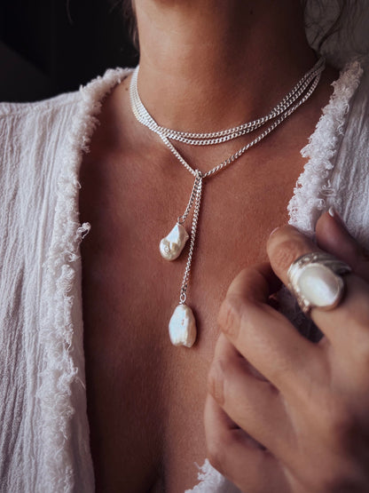 Long silver lariat necklace with baroque pearls - KathyRossJewelry