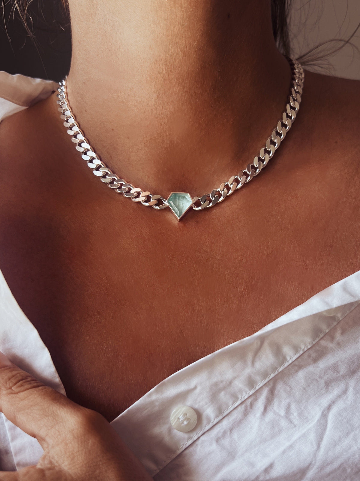 Solid silver Chain necklace diamond shape stone :aquamarine and morganite - KathyRossJewelry