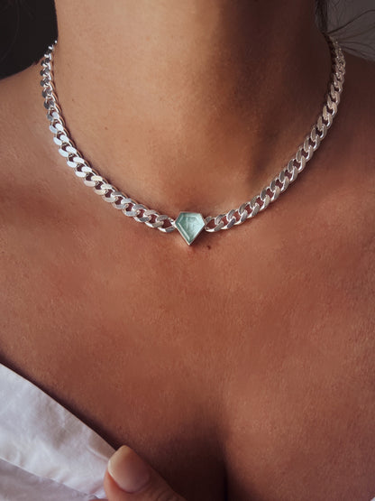 Solid silver Chain necklace diamond shape stone :aquamarine and morganite - KathyRossJewelry