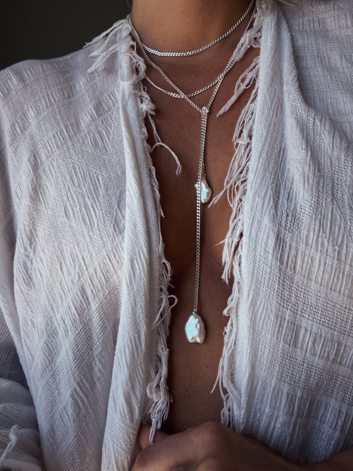 Long silver lariat necklace with baroque pearls - KathyRossJewelry