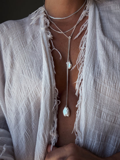 Long silver lariat necklace with baroque pearls - KathyRossJewelry
