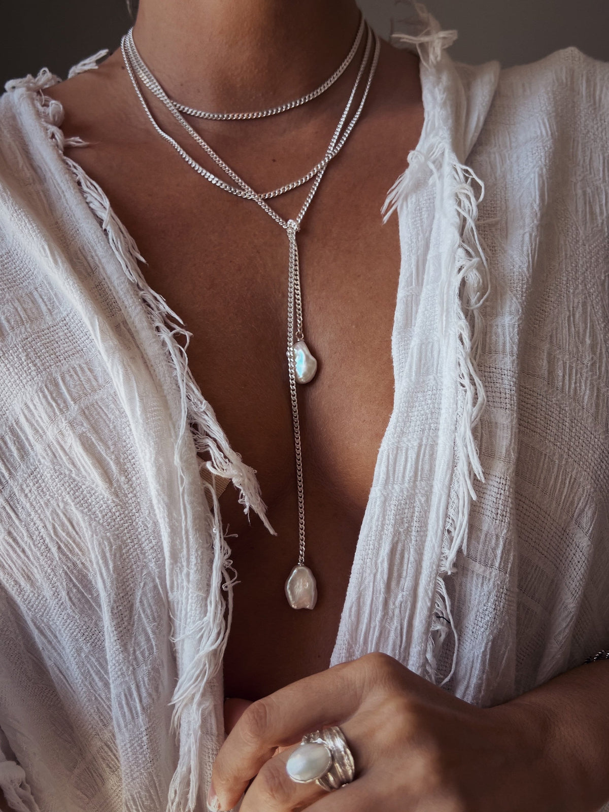 Long silver lariat necklace with baroque pearls - KathyRossJewelry