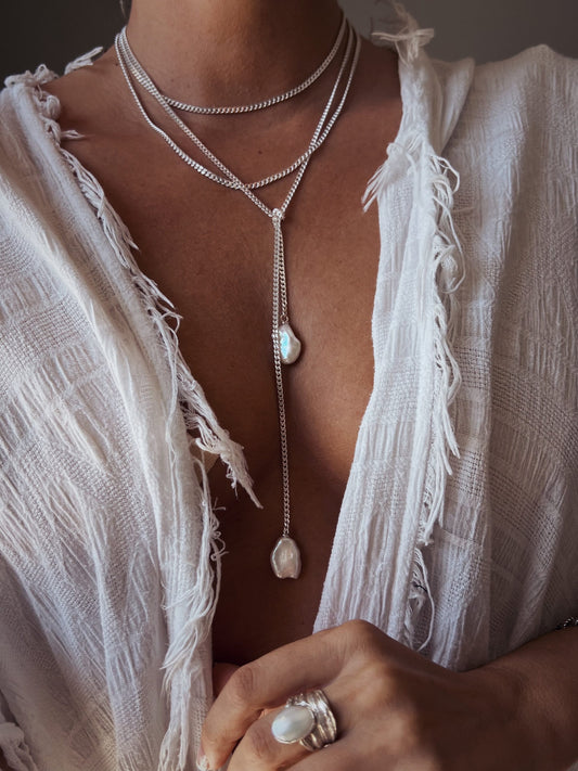 Long silver lariat necklace with baroque pearls - KathyRossJewelry