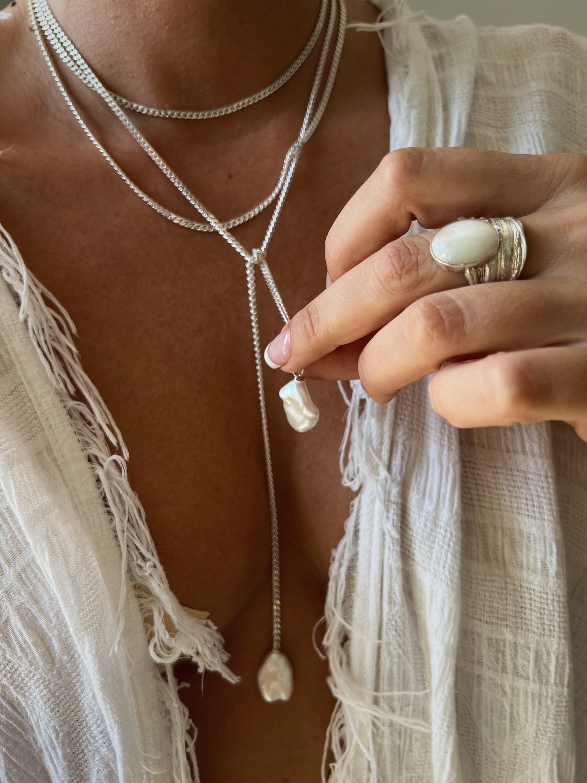 Long silver lariat necklace with baroque pearls - KathyRossJewelry