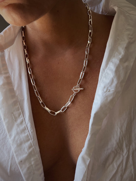 Solid Sterling Silver 925 Paperclip Chain Necklace: Toggle Clasp, Unisex Necklace - KathyRossJewelry
