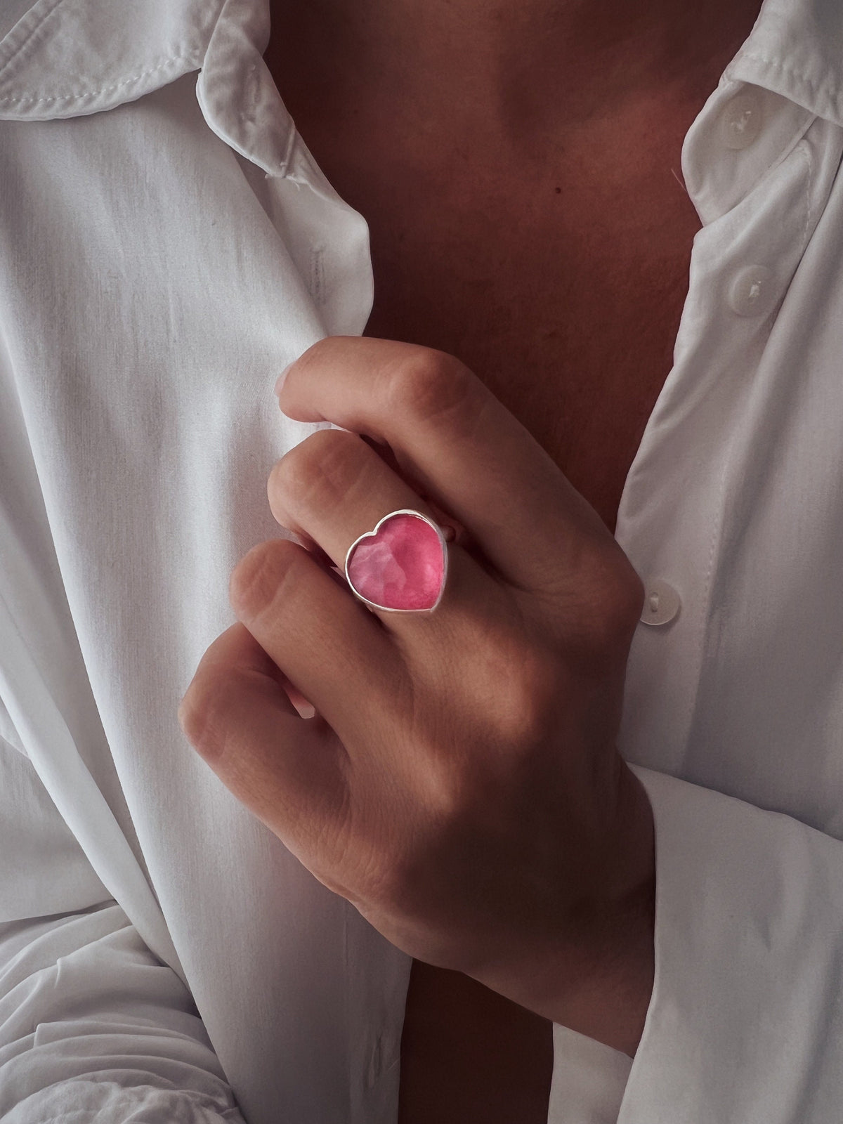 Silver 925 Heart Ring: Pink Tourmaline Quartz Doublet Statement Ring - KathyRossJewelry