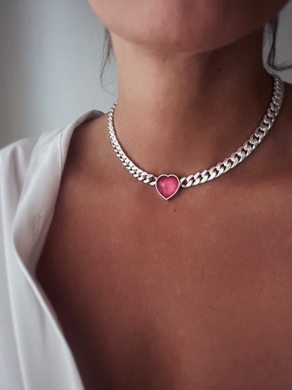 Solid sterling Silver Chain necklace with tourmaline heart - KathyRossJewelry