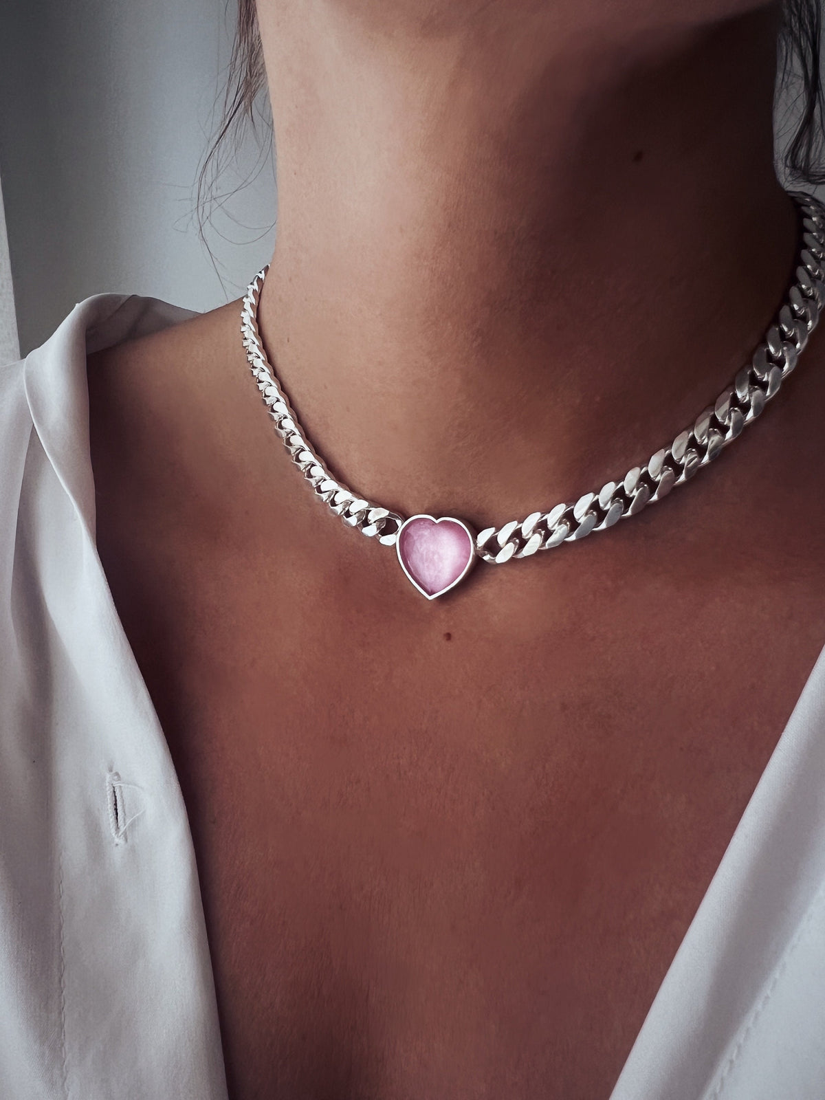 Solid sterling Silver Chain necklace with tourmaline heart - KathyRossJewelry