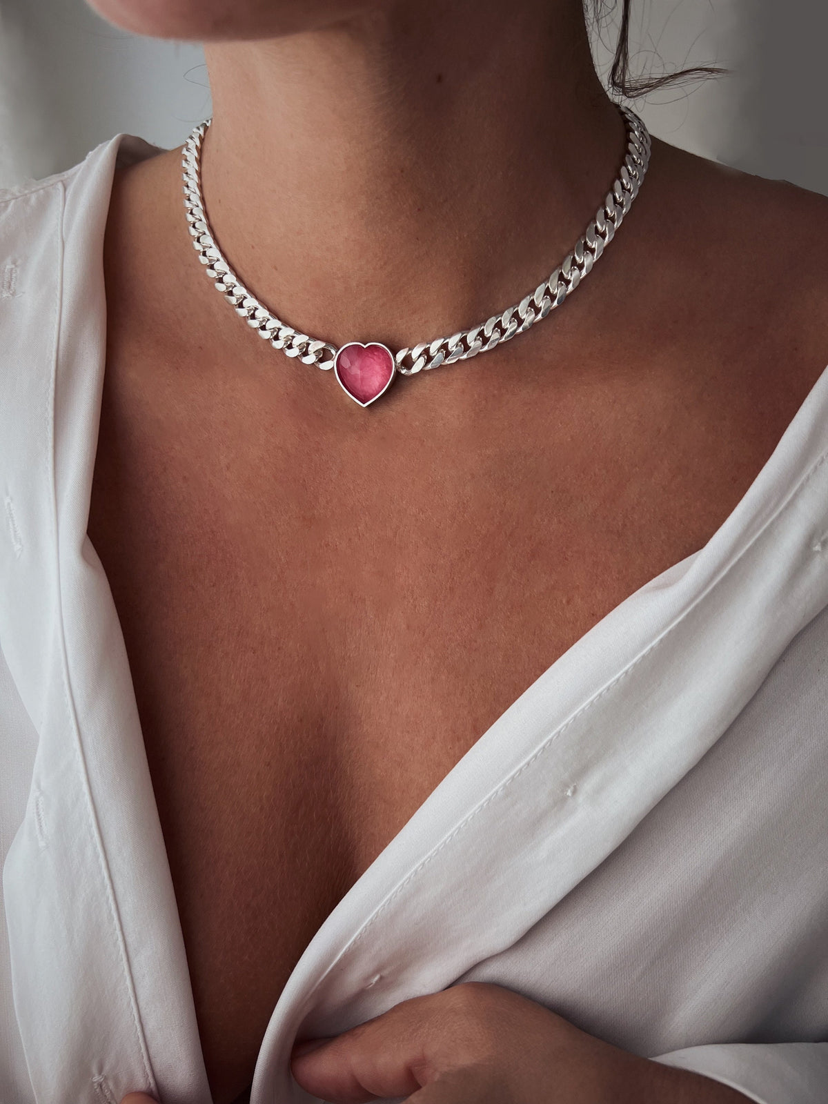 Solid sterling Silver Chain necklace with tourmaline heart - KathyRossJewelry