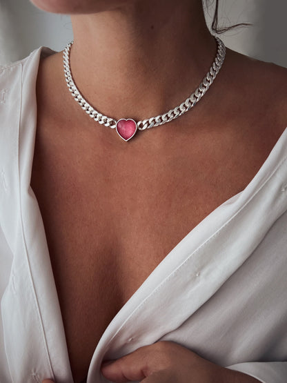 Solid sterling Silver Chain necklace with tourmaline heart - KathyRossJewelry