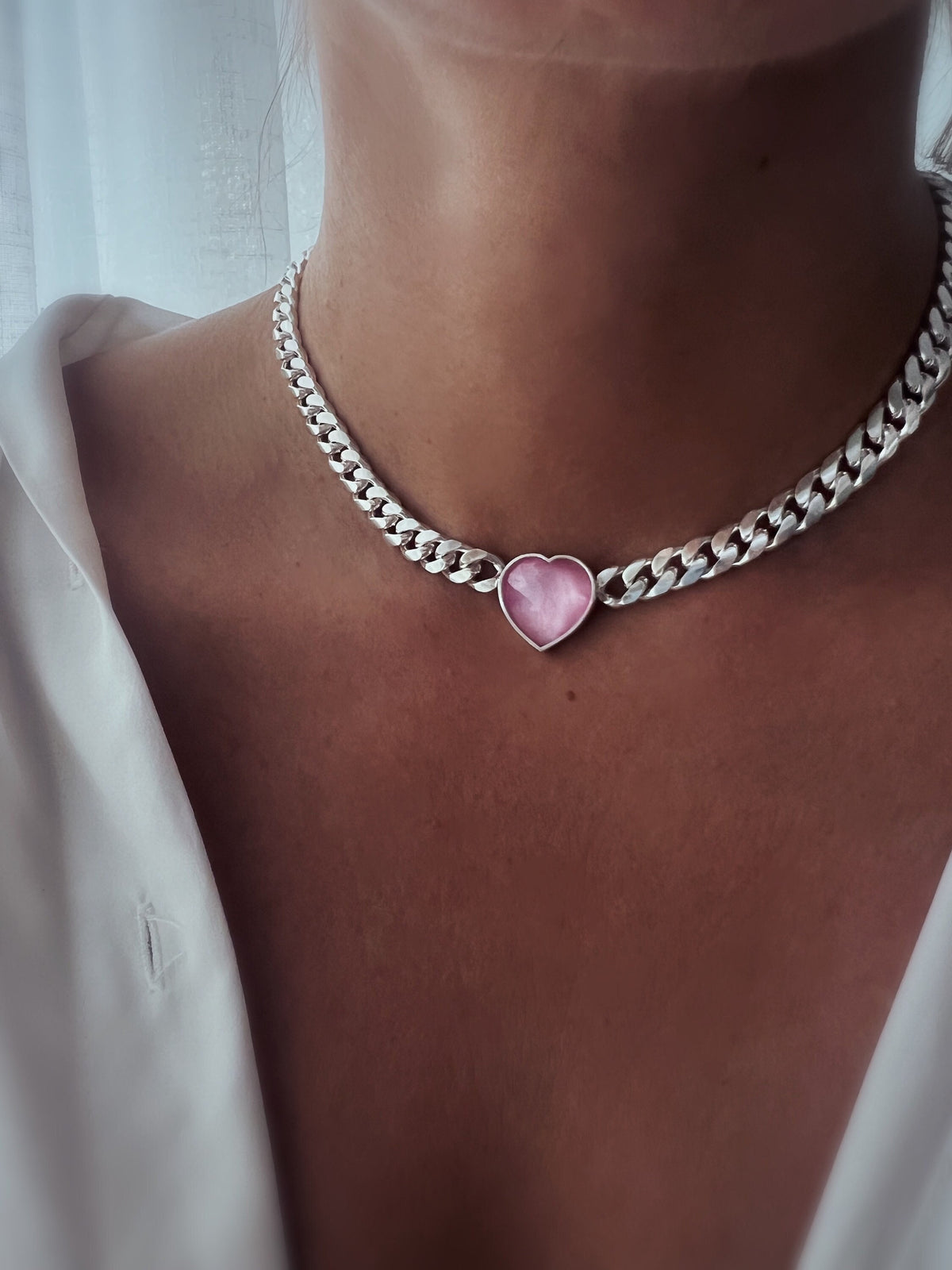 Solid sterling Silver Chain necklace with tourmaline heart - KathyRossJewelry