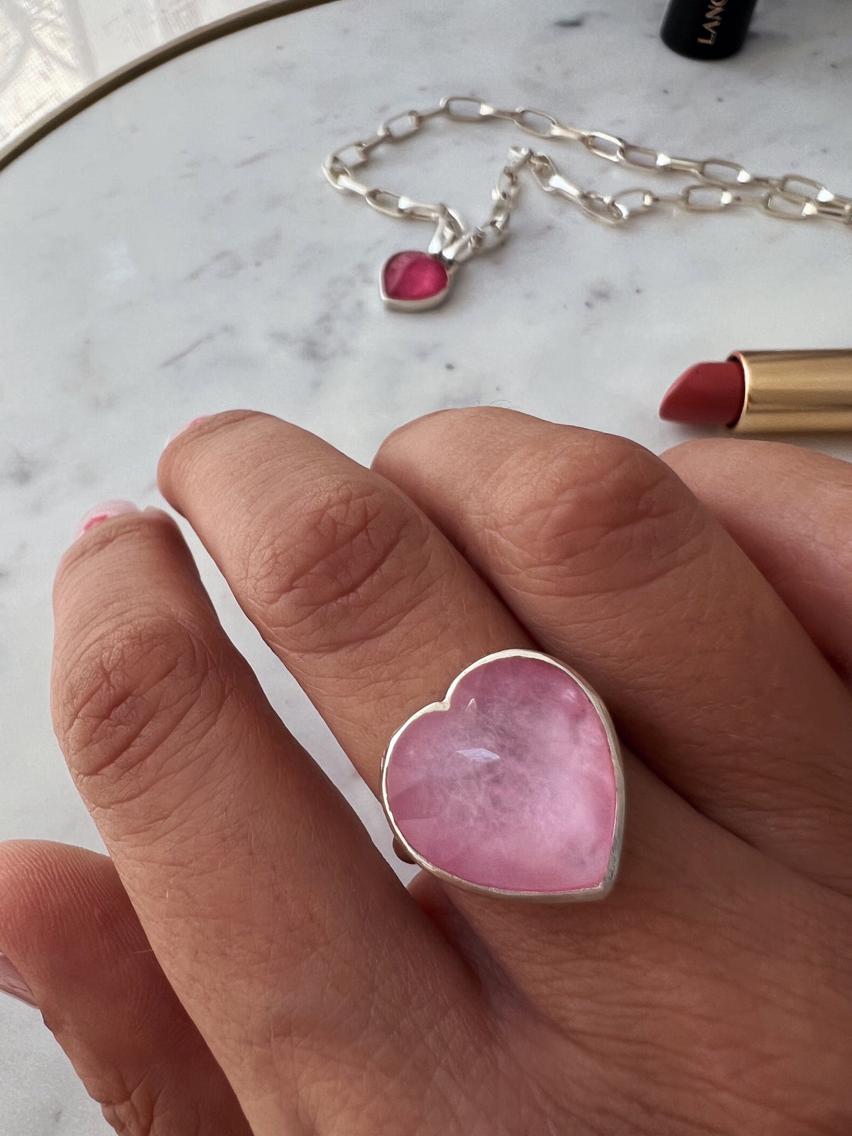 Silver 925 Heart Ring: Pink Tourmaline Quartz Doublet Statement Ring - KathyRossJewelry