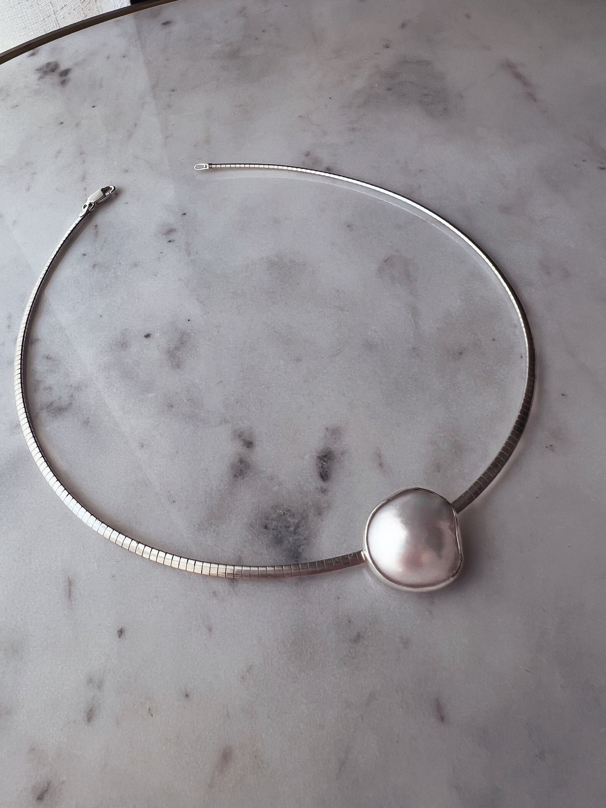 Natural Mabe white pearl and sterling silver collar necklace omega flexible chain - KathyRossJewelry