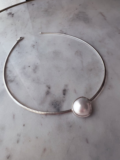 Natural Mabe white pearl and sterling silver collar necklace omega flexible chain - KathyRossJewelry