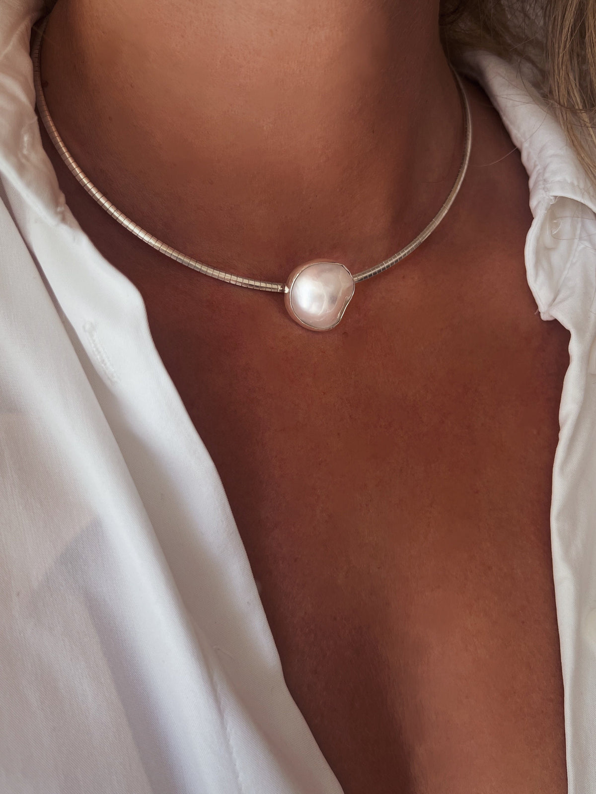 Natural Mabe white pearl and sterling silver collar necklace omega flexible chain - KathyRossJewelry