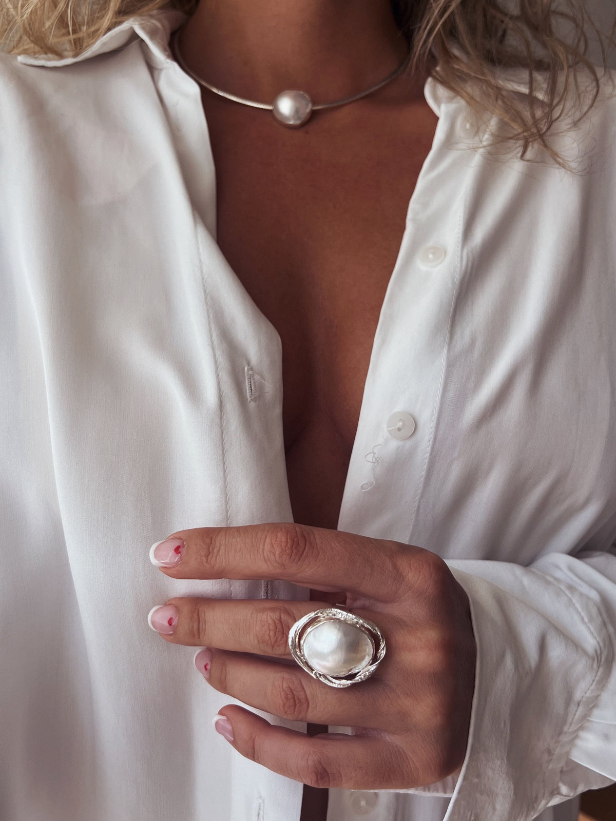 Natural Mabe white pearl and sterling silver collar necklace omega flexible chain - KathyRossJewelry