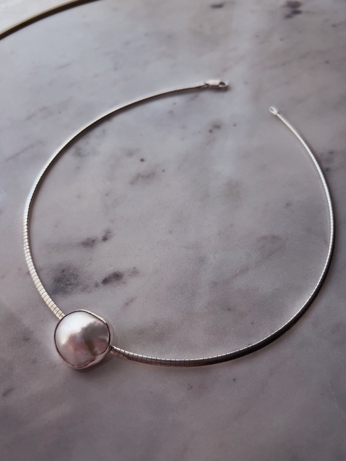 Natural Mabe white pearl and sterling silver collar necklace omega flexible chain - KathyRossJewelry